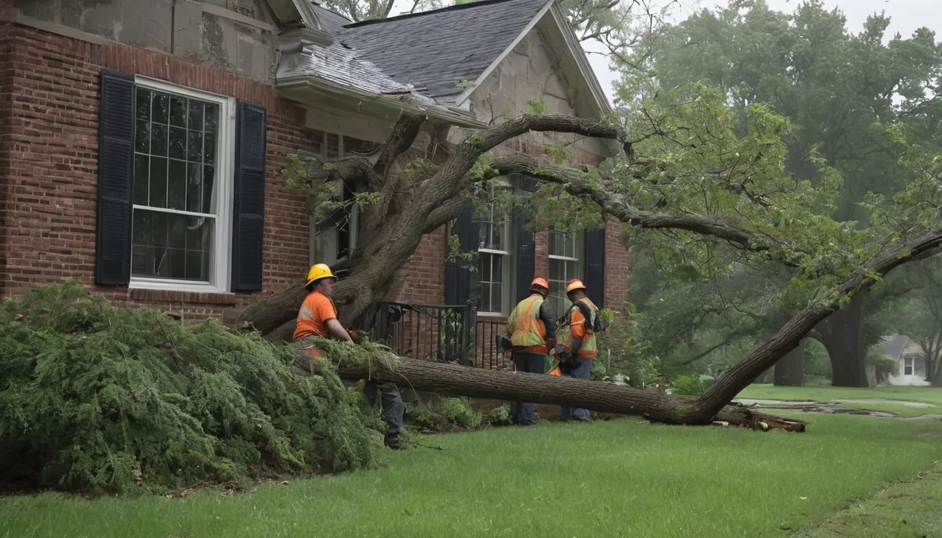 A provider crew safely removing a storm-fallen tree from a home in Lovejoy
