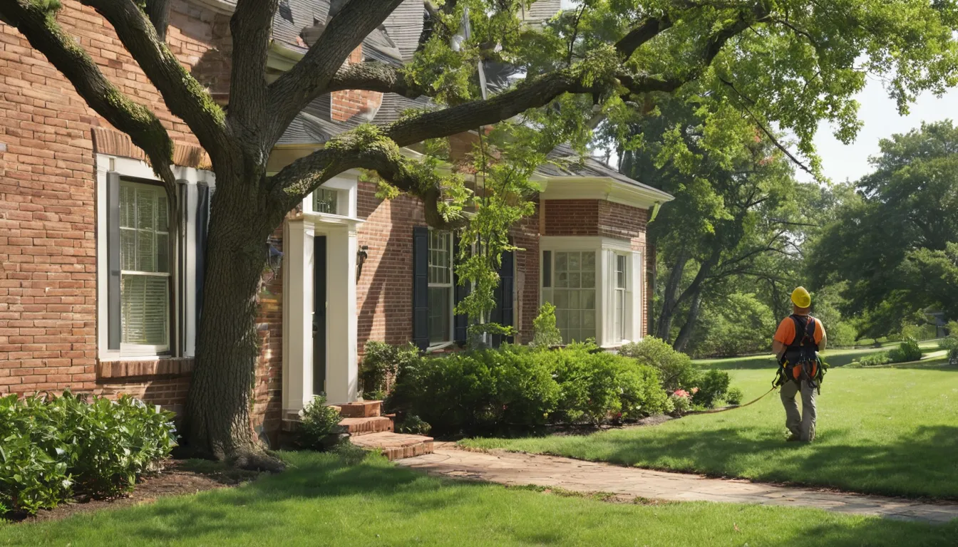 A tree provider cutting a large limb above an older brick home in Lovejoy