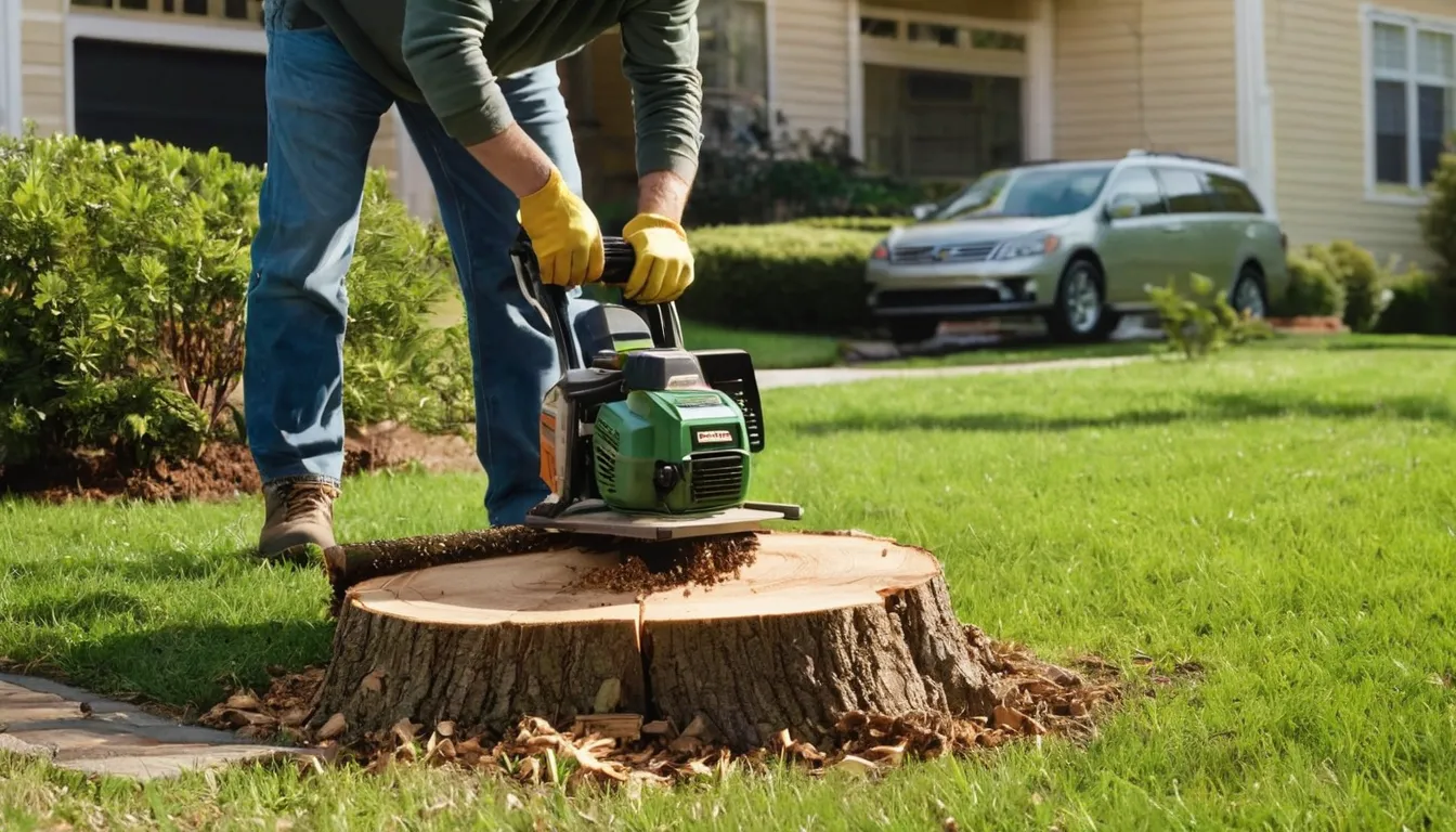 Provider grinding a tree stump in a residential yard in Lovejoy