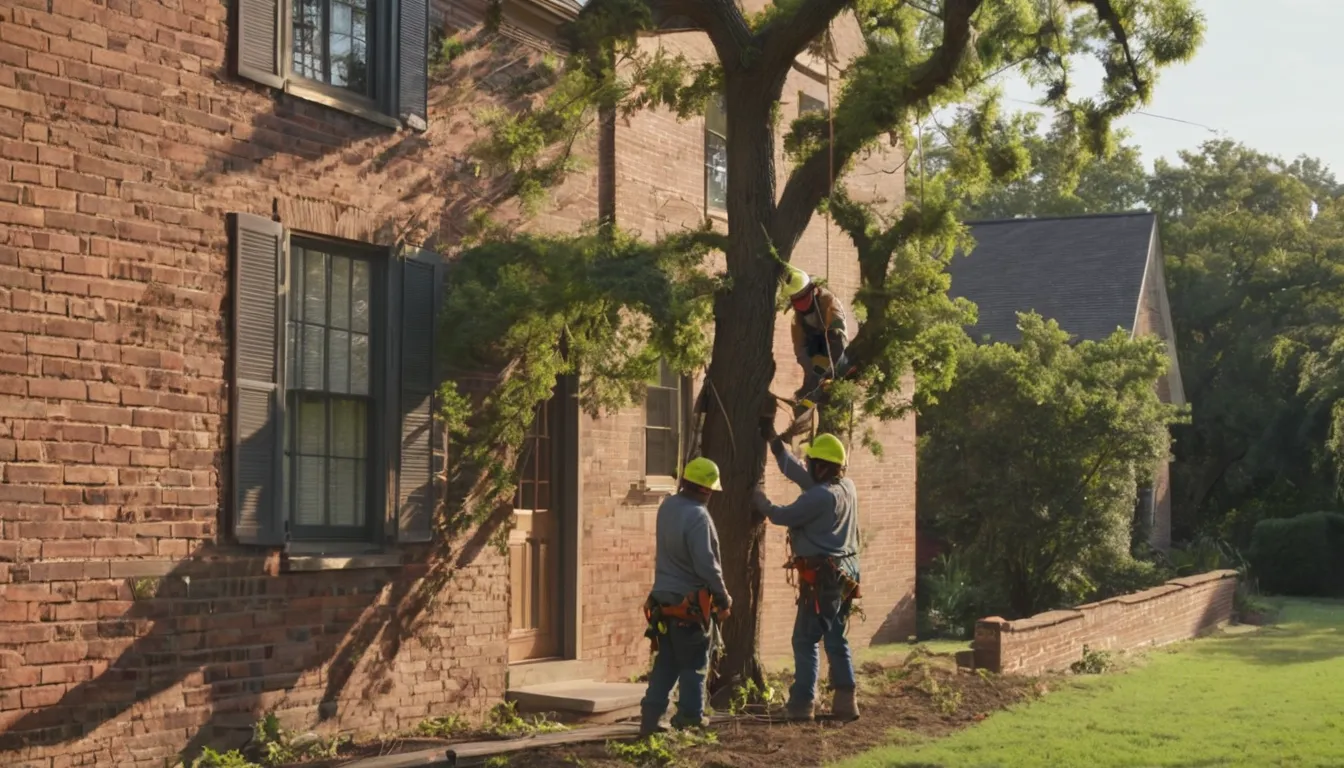 Provider crew safely removing a large tree beside a older brick home in Lovejoy